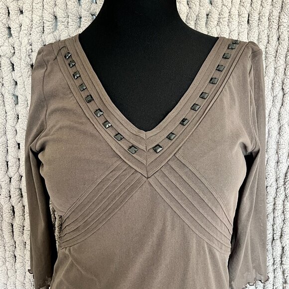 Olsen Brown Embellished V-Neck Blouse – Size Medium - Picture 2 of 9